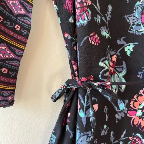 Sz S Pullover Black Floral Midi Dress Casual Boho Chic Loose Fit Belted - Picture 3 of 6